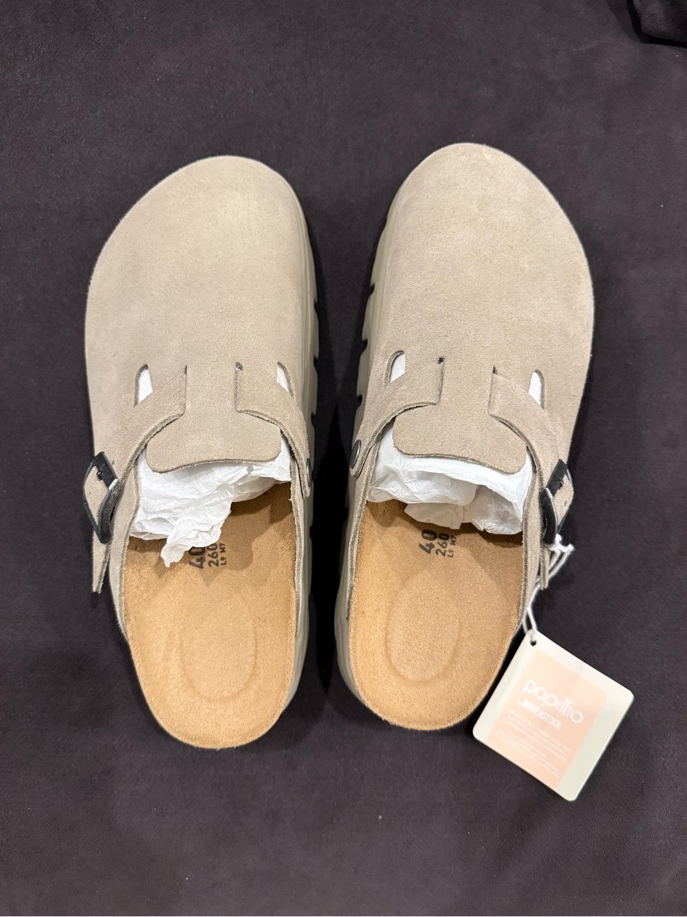 Papillio Women’s Taupe Suede Slip-On Clogs with Buckle